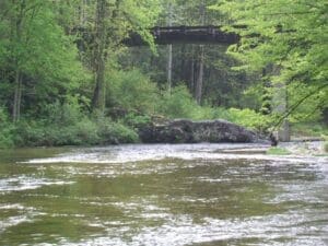 A bridge over a river in a wooded area.